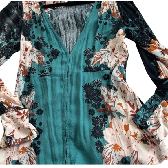 Free People Womens Size Medium Green Mikayla Print Long Sleeve Deep V Neck Tunic - Picture 6 of 9